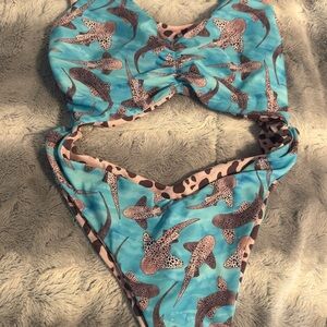 moana bikini Turquoise and Brown Shark-Print One-Piece Swimsuit